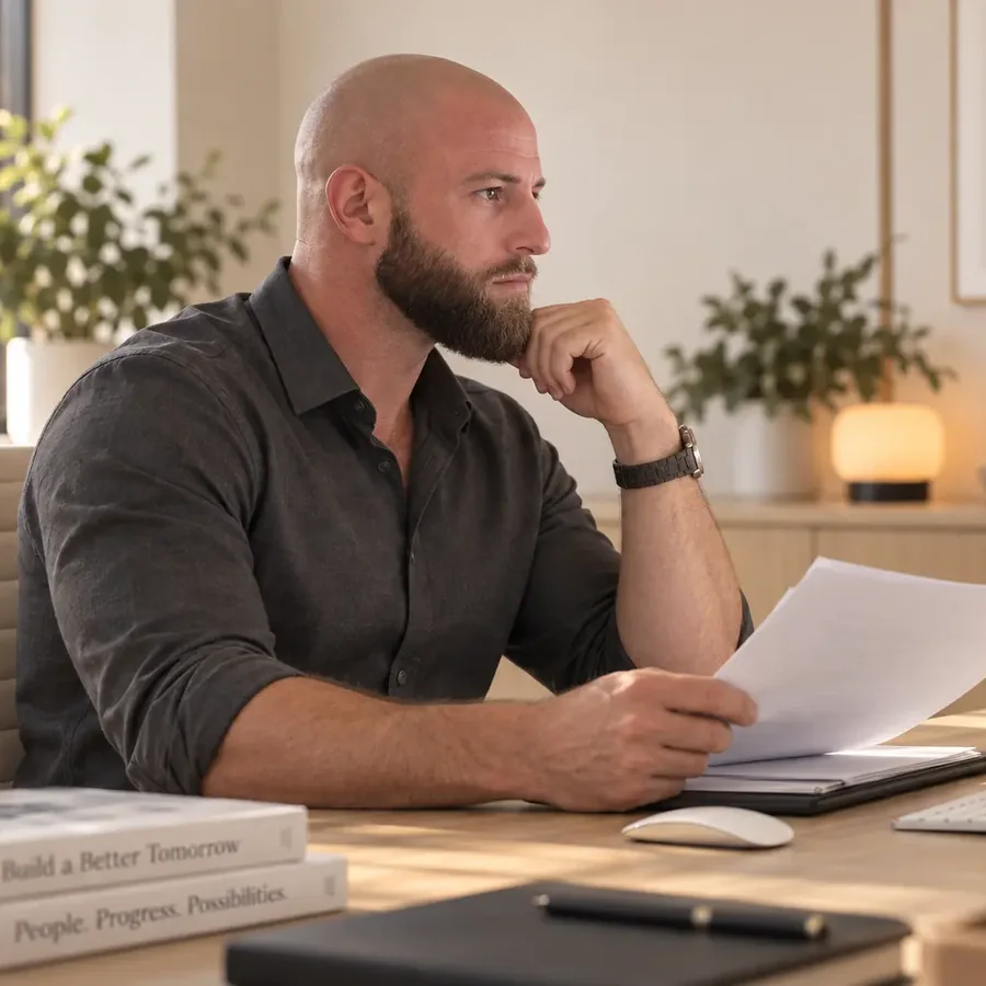 Brad Pickens reviewing paperwork at his desk